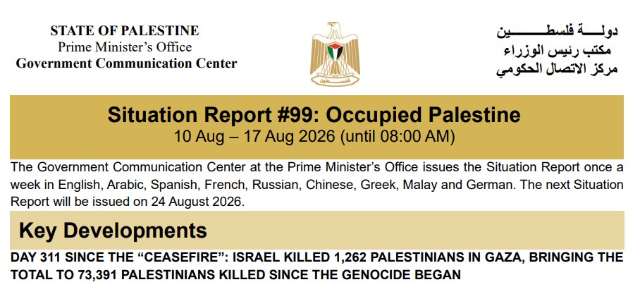 Situation Report #99: Occupied Palestine 10 Aug – 17 Aug 2026 (until 08:00 AM)
