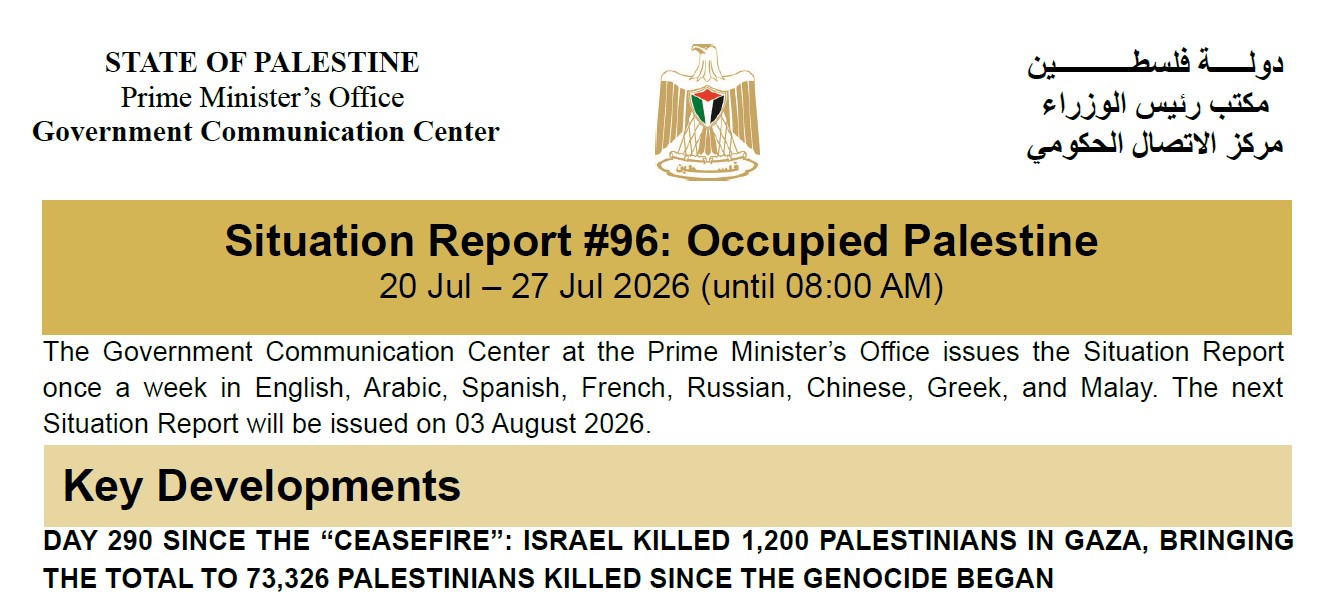 Situation Report #96: Occupied Palestine 20 Jul – 27 Jul 2026 (until 08:00 AM)