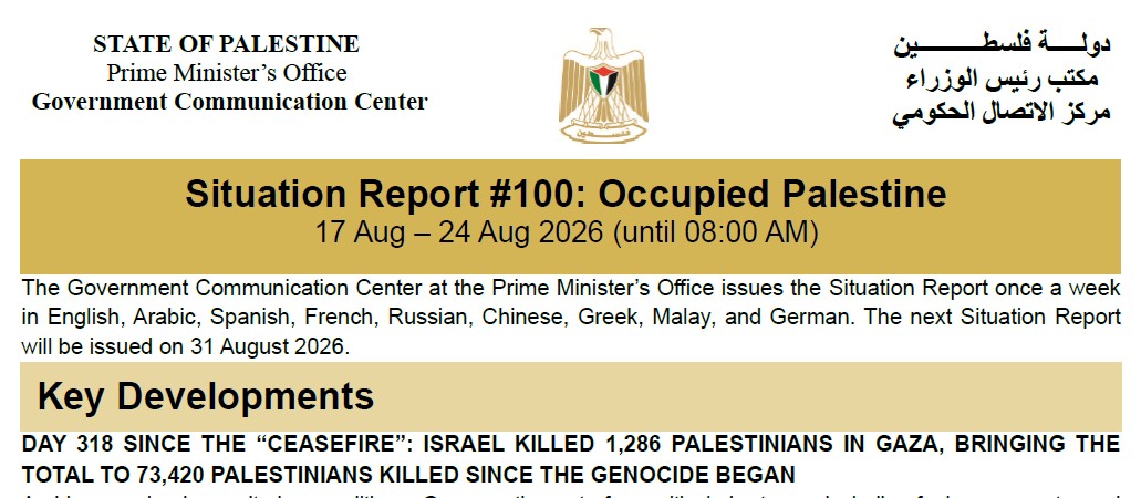Situation Report #100: Occupied Palestine 17 Aug – 24 Aug 2026 (until 08:00 AM)
