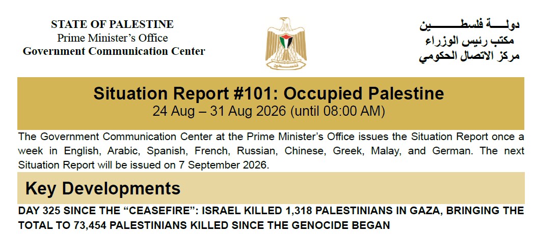 Situation Report #101: Occupied Palestine 24 Aug – 31 Aug 2026 (until 08:00 AM)